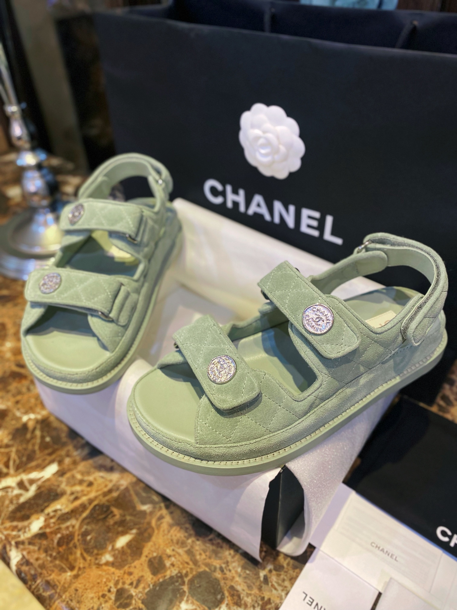 Chanel Green Suede Gold Coin Beach Sandals