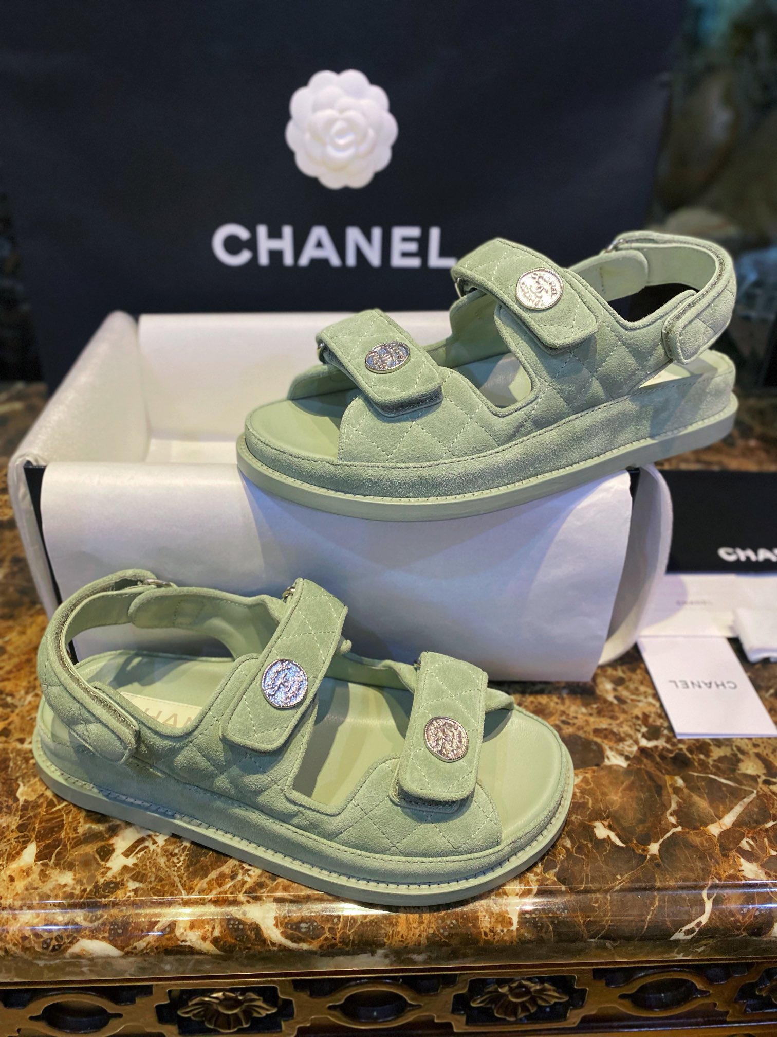 Chanel Green Suede Gold Coin Beach Sandals