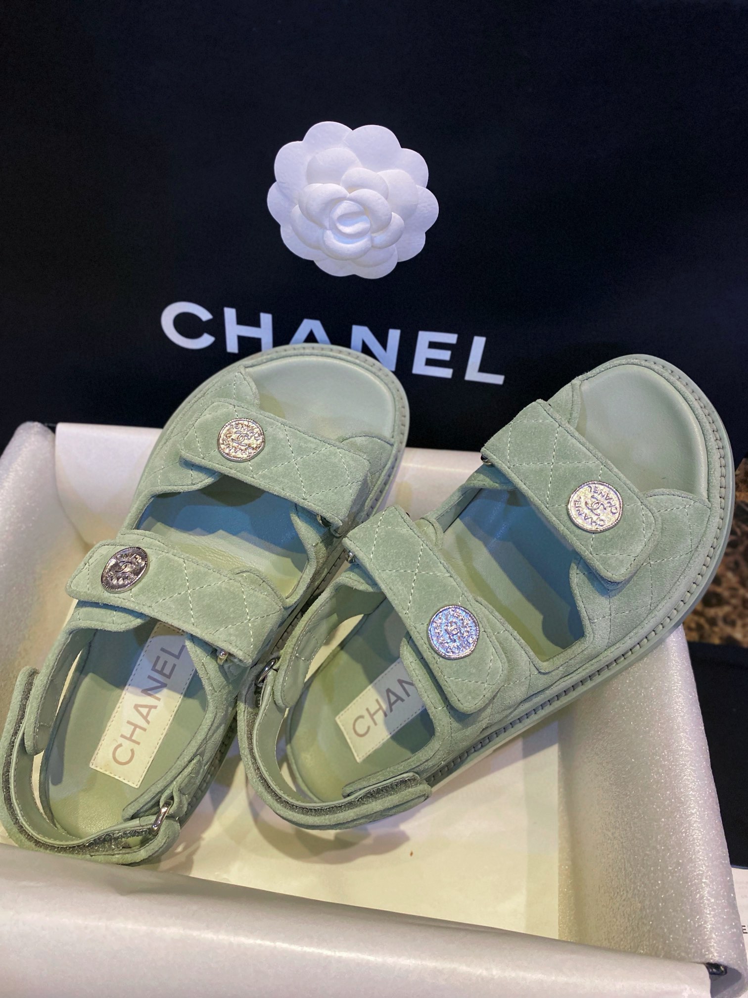 Chanel Green Suede Gold Coin Beach Sandals