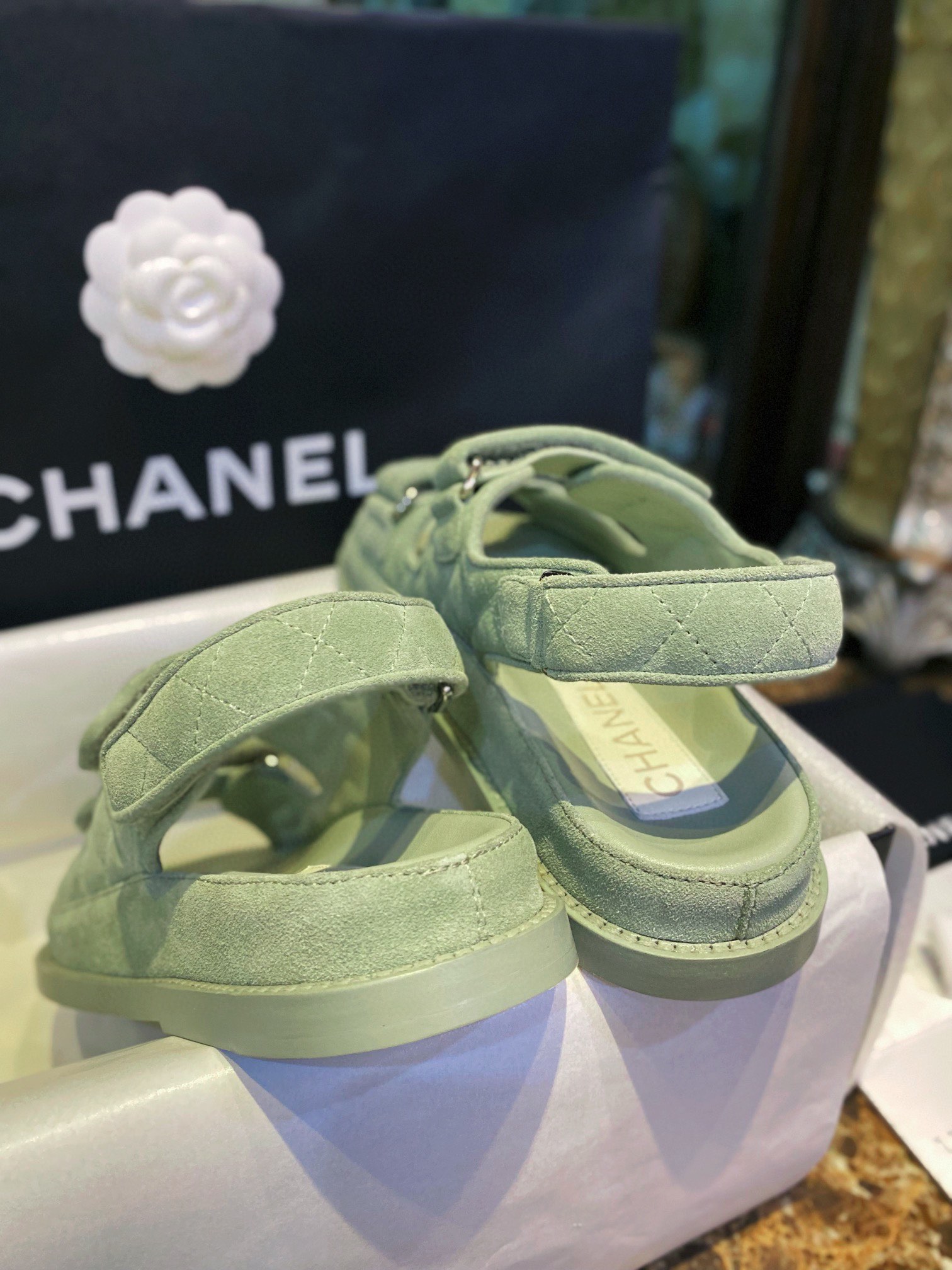 Chanel Green Suede Gold Coin Beach Sandals