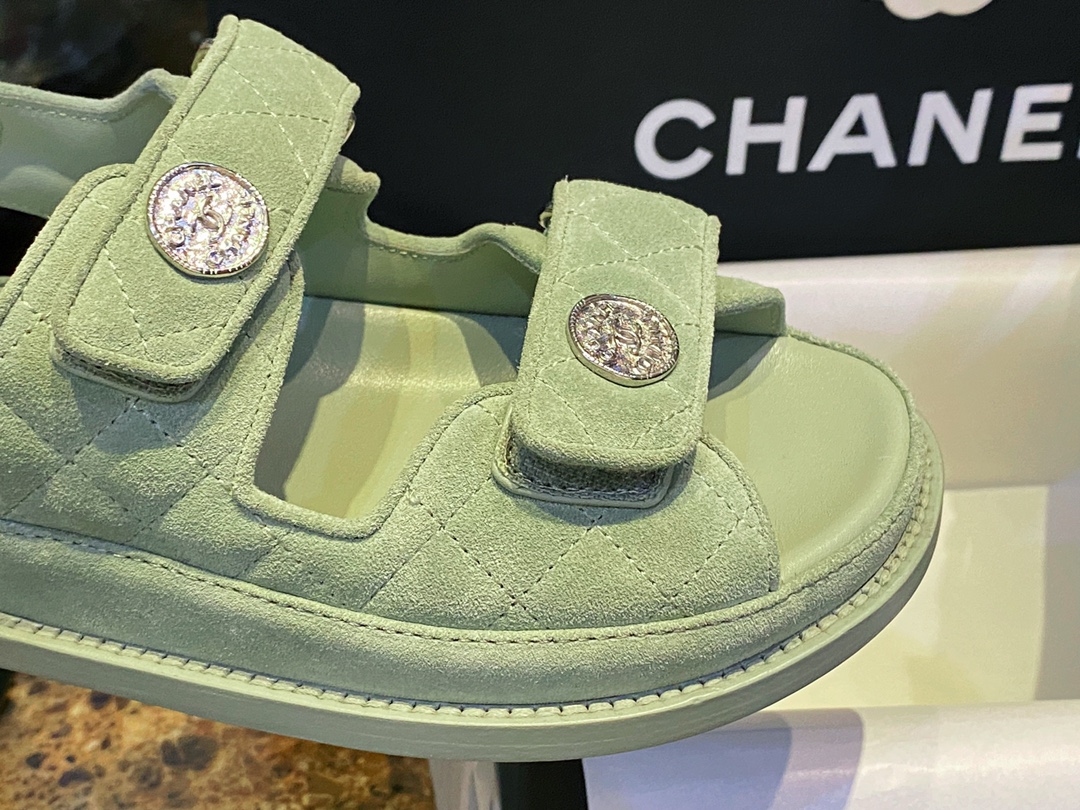 Chanel Green Suede Gold Coin Beach Sandals