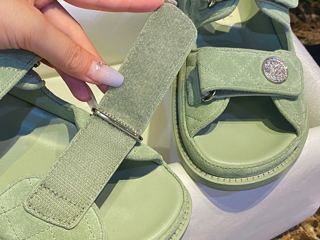 Chanel Green Suede Gold Coin Beach Sandals