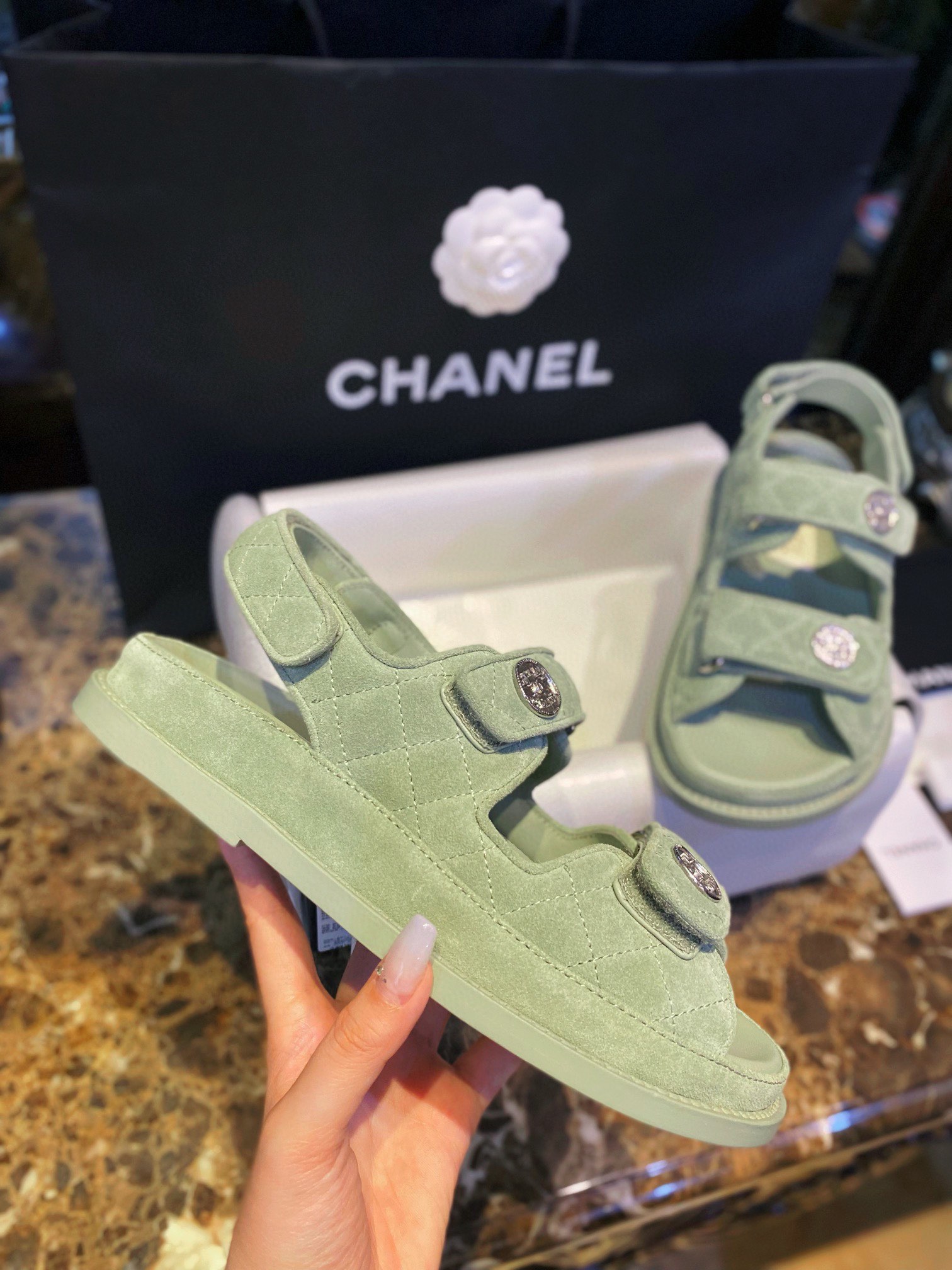 Chanel Green Suede Gold Coin Beach Sandals