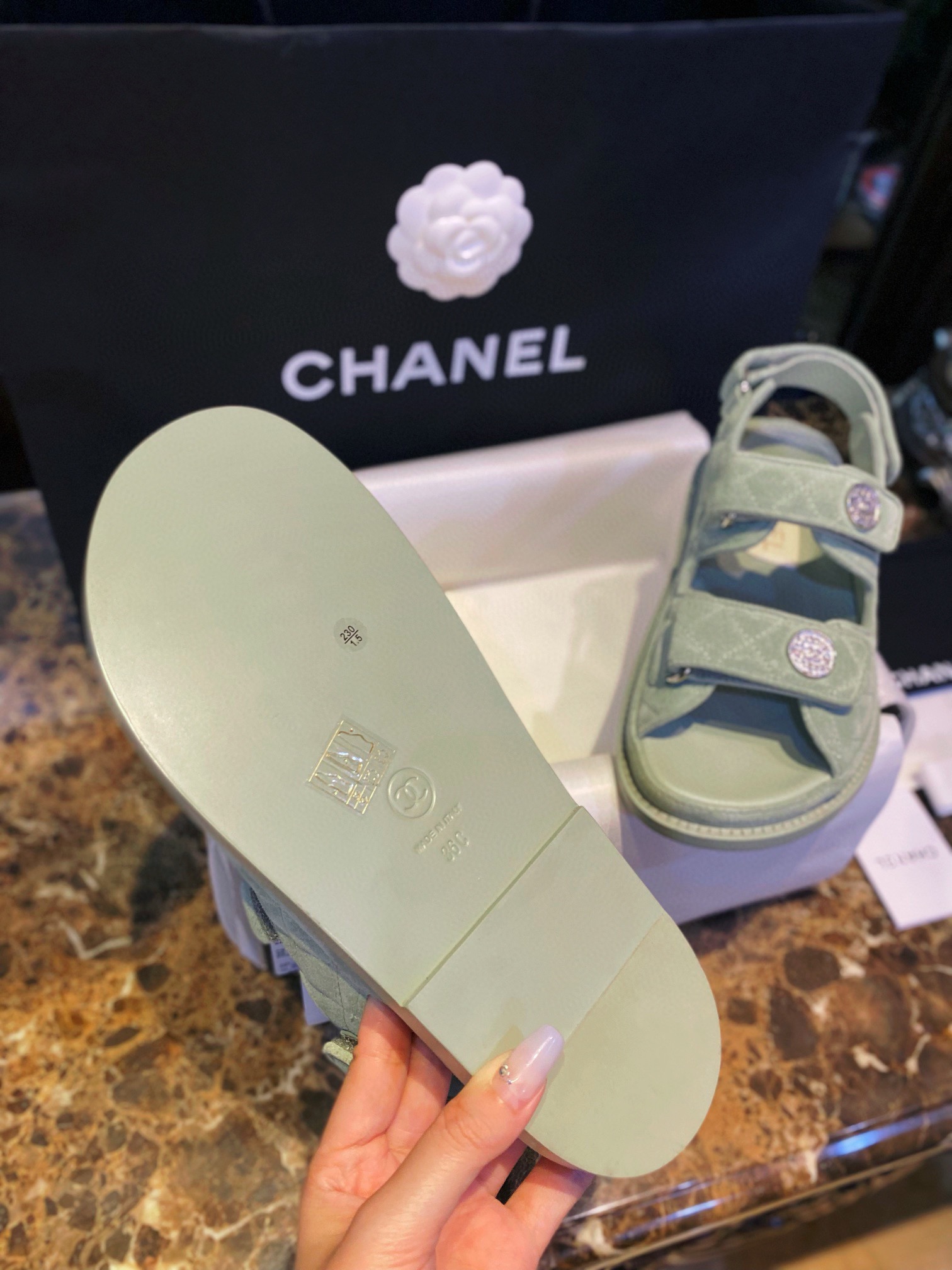 Chanel Green Suede Gold Coin Beach Sandals