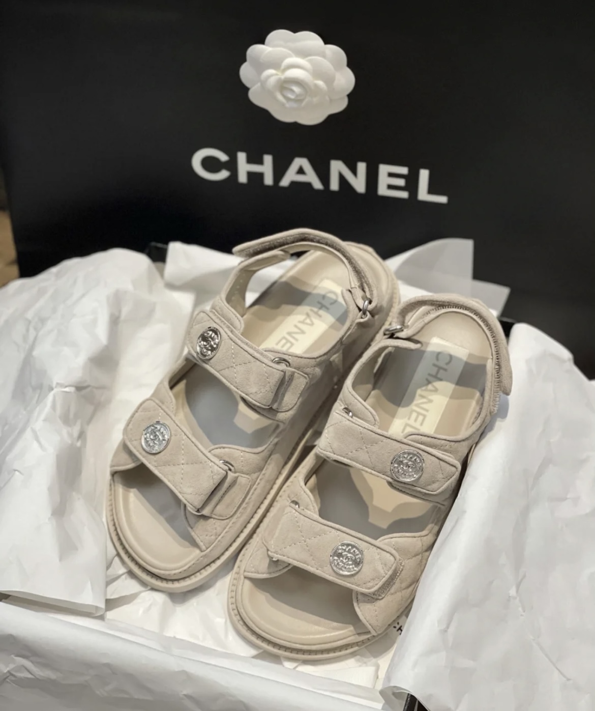 Chanel Beige Gold Coin Magic Tape Sandals