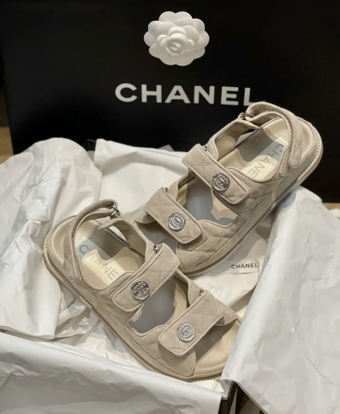 Chanel Beige Gold Coin Magic Tape Sandals