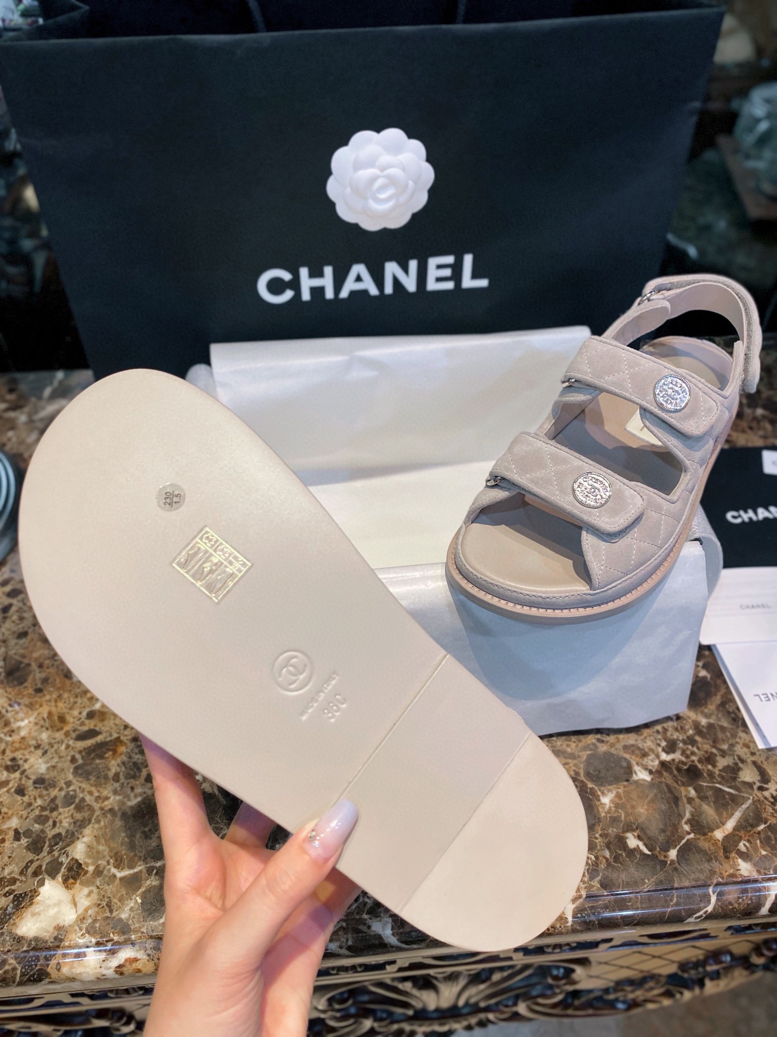 Chanel Beige Gold Coin Magic Tape Sandals