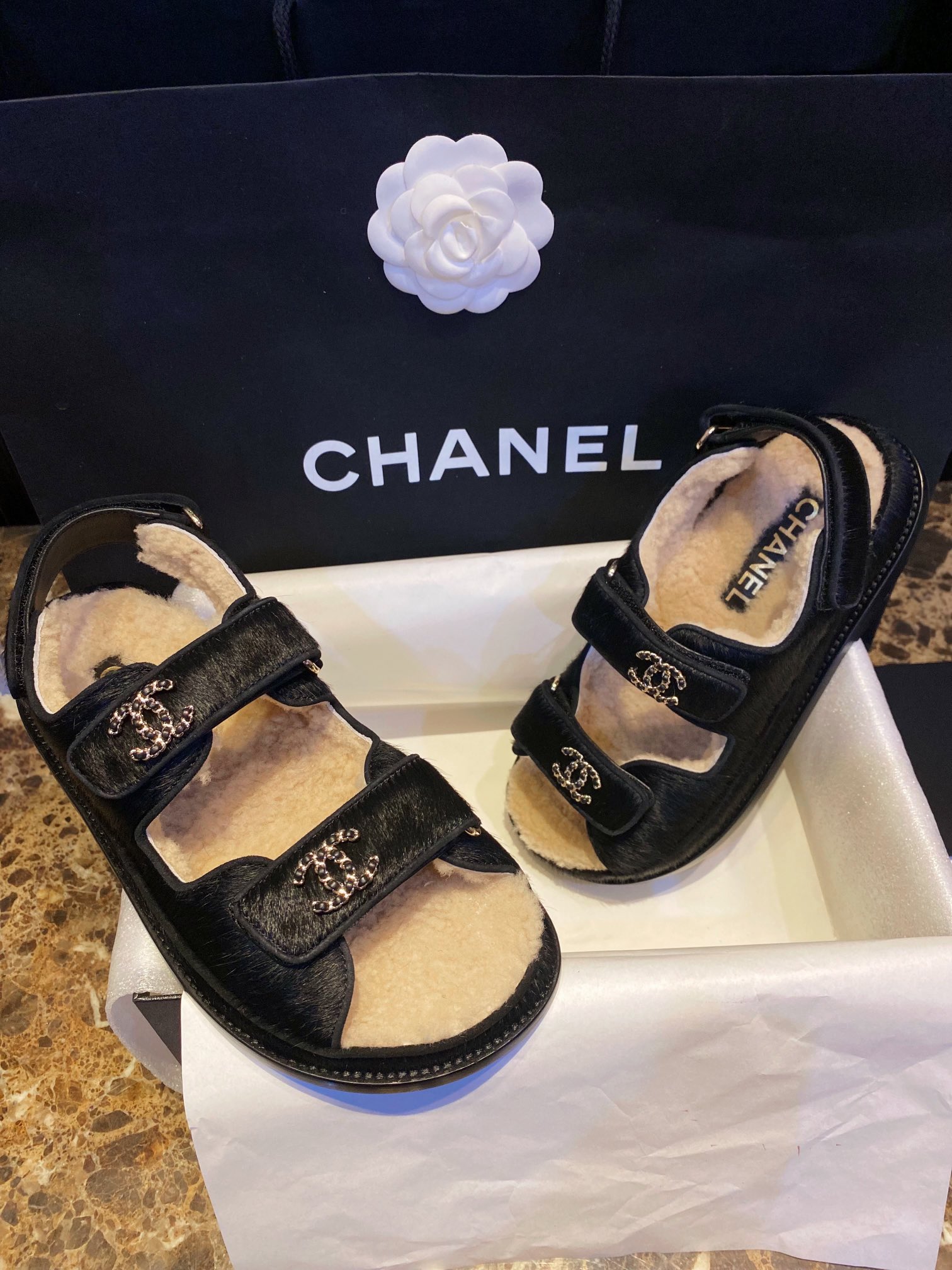 Chanel  Black Horsehair Magic Tape Sandals with Cozy Sheepskin Lining