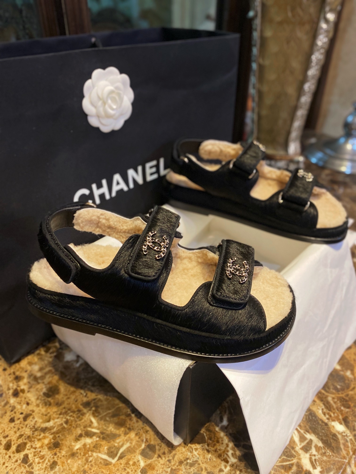 Chanel  Black Horsehair Magic Tape Sandals with Cozy Sheepskin Lining