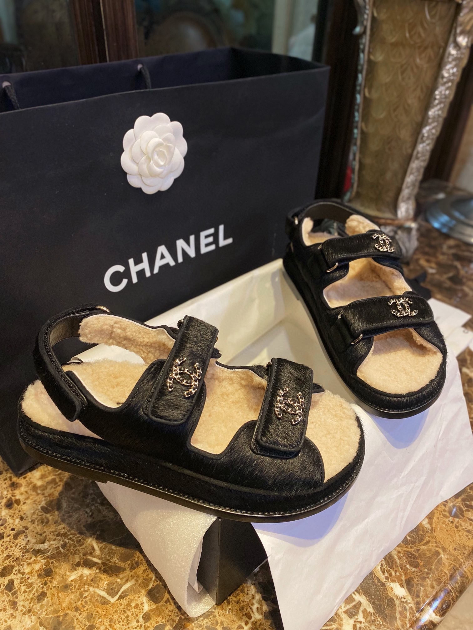 Chanel  Black Horsehair Magic Tape Sandals with Cozy Sheepskin Lining