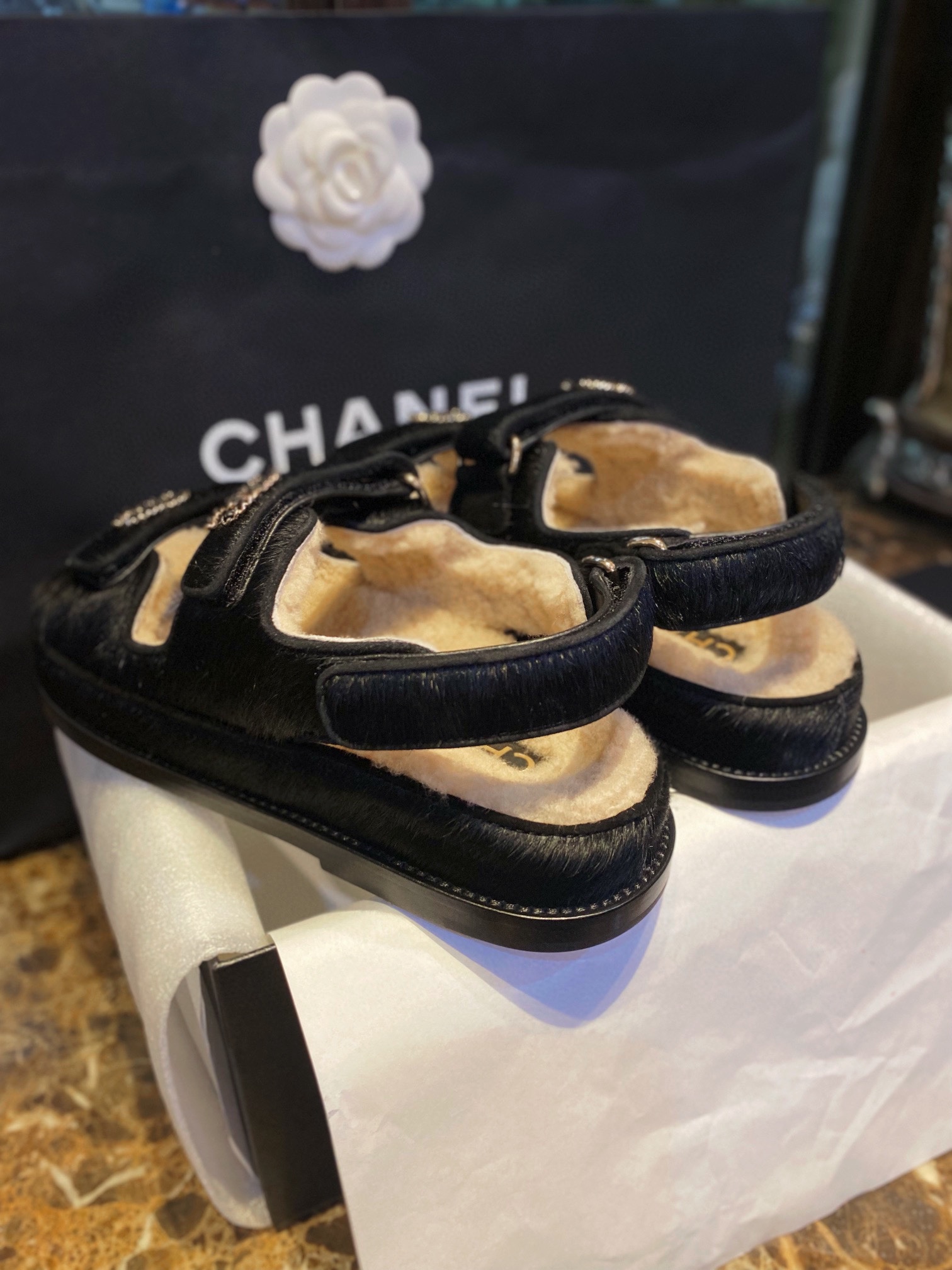 Chanel  Black Horsehair Magic Tape Sandals with Cozy Sheepskin Lining