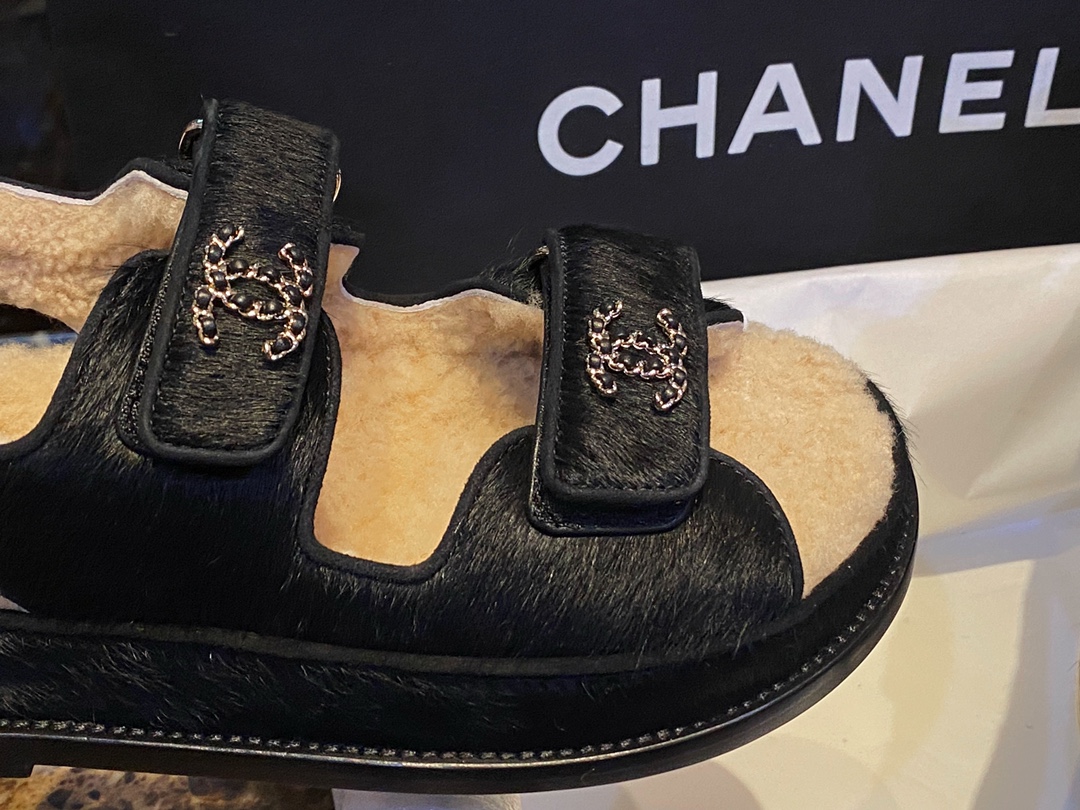 Chanel  Black Horsehair Magic Tape Sandals with Cozy Sheepskin Lining