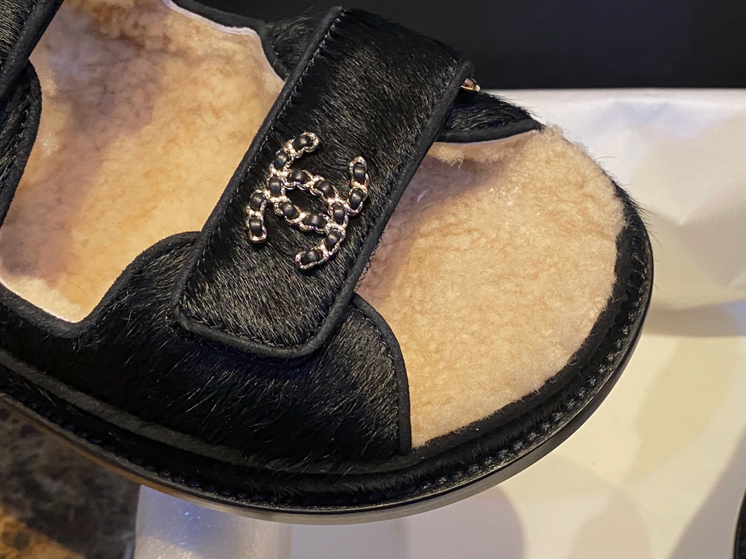 Chanel  Black Horsehair Magic Tape Sandals with Cozy Sheepskin Lining