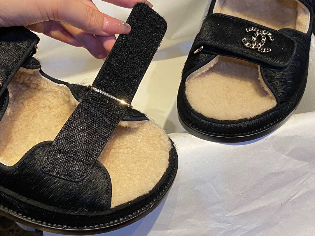 Chanel  Black Horsehair Magic Tape Sandals with Cozy Sheepskin Lining