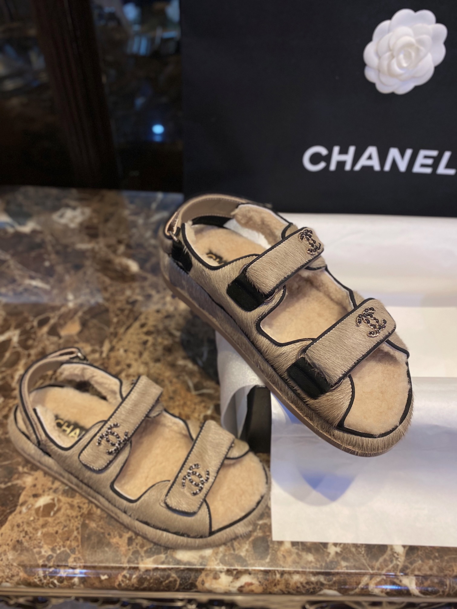 Chanel  Brown Horsehair Magic Tape Sandals - Cozy and Cute with Fluffy Texture