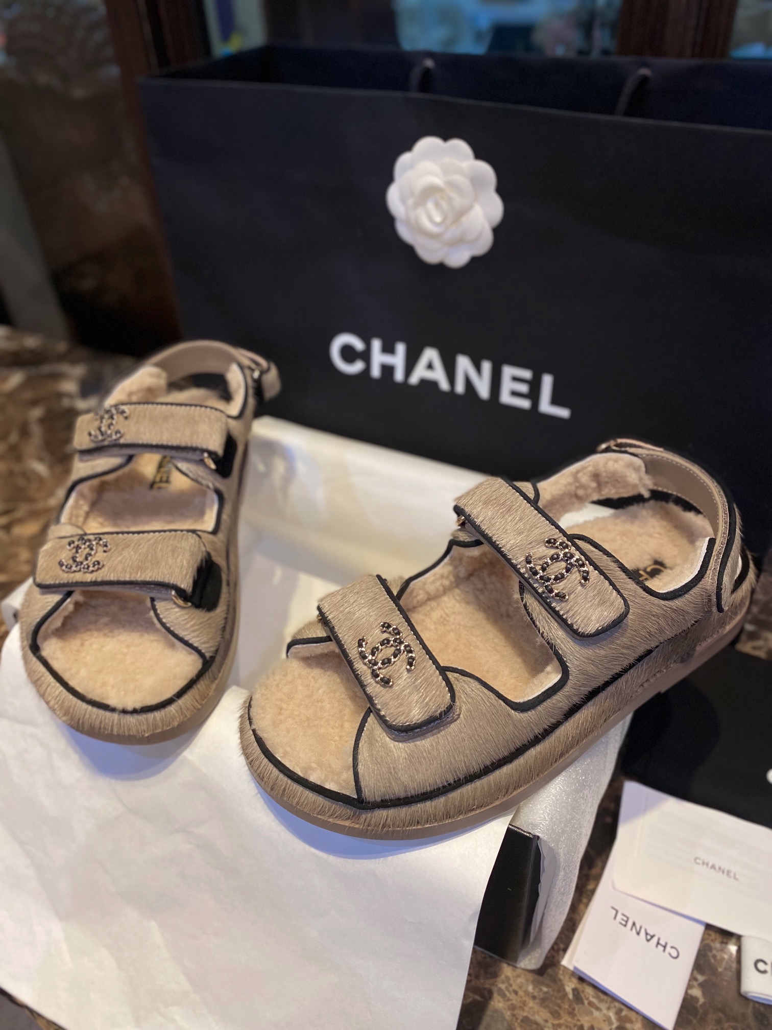 Chanel  Brown Horsehair Magic Tape Sandals - Cozy and Cute with Fluffy Texture