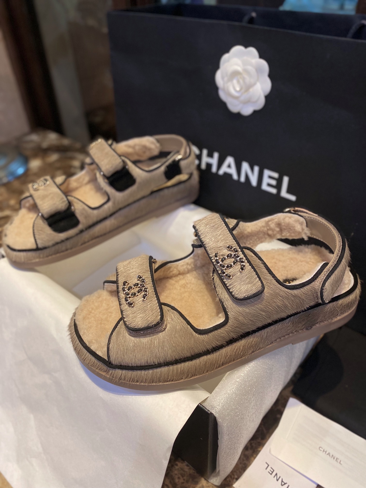 Chanel  Brown Horsehair Magic Tape Sandals - Cozy and Cute with Fluffy Texture