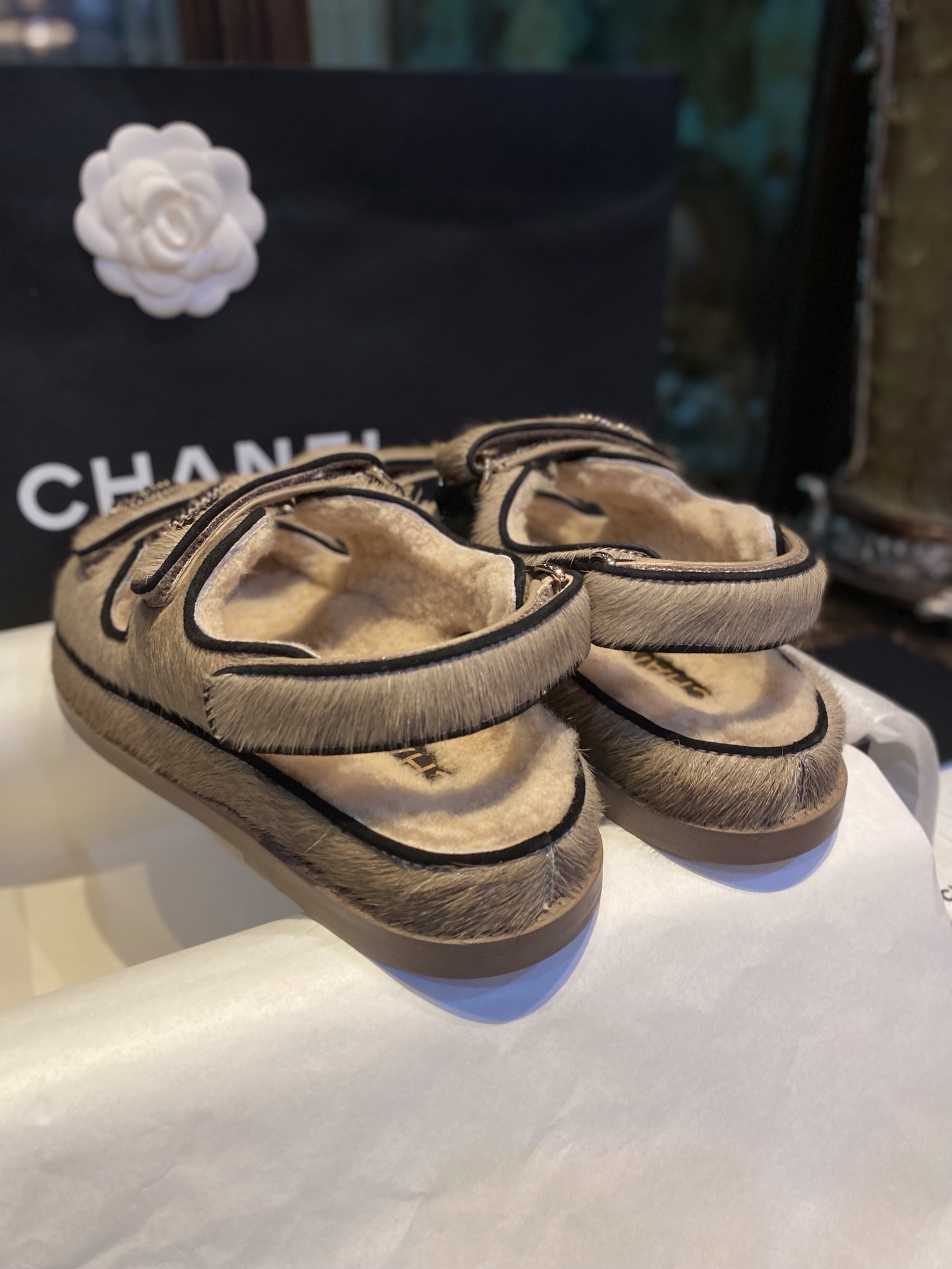 Chanel  Brown Horsehair Magic Tape Sandals - Cozy and Cute with Fluffy Texture