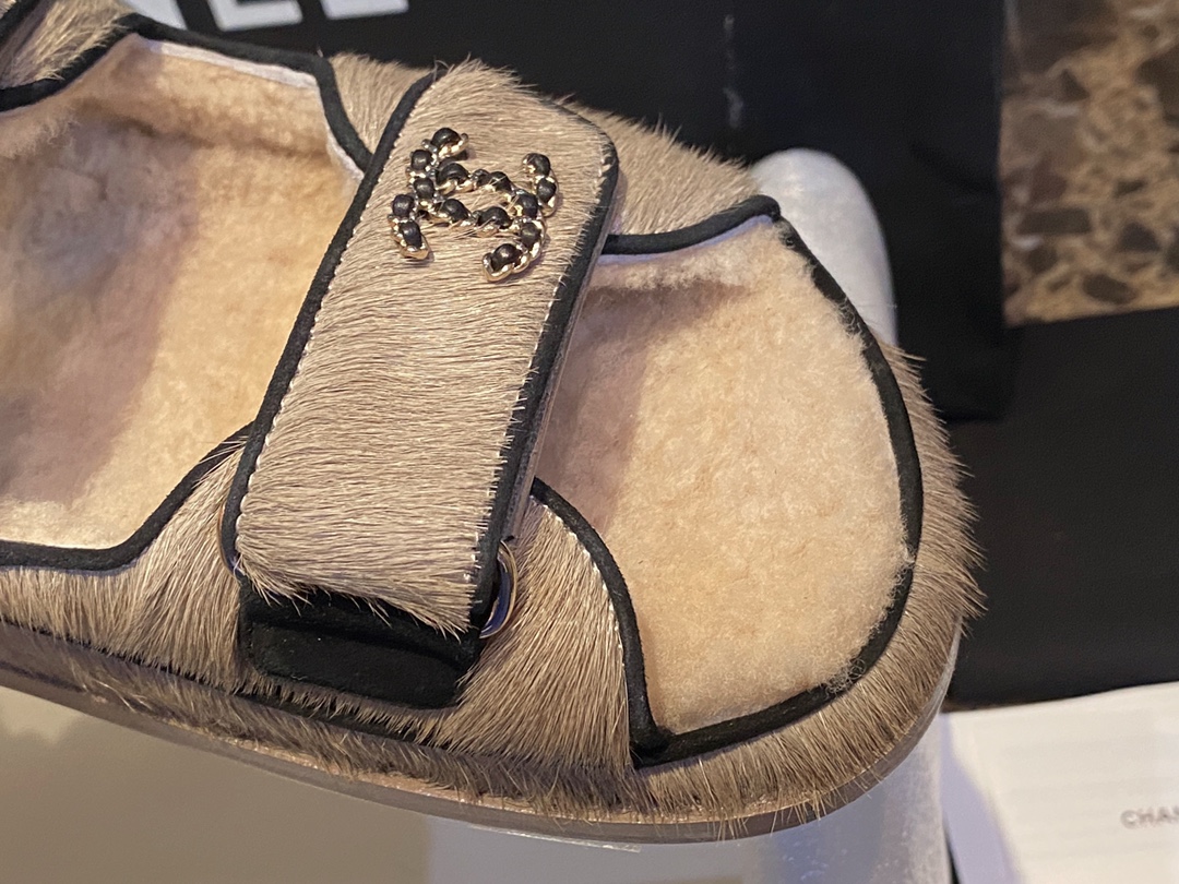 Chanel  Brown Horsehair Magic Tape Sandals - Cozy and Cute with Fluffy Texture