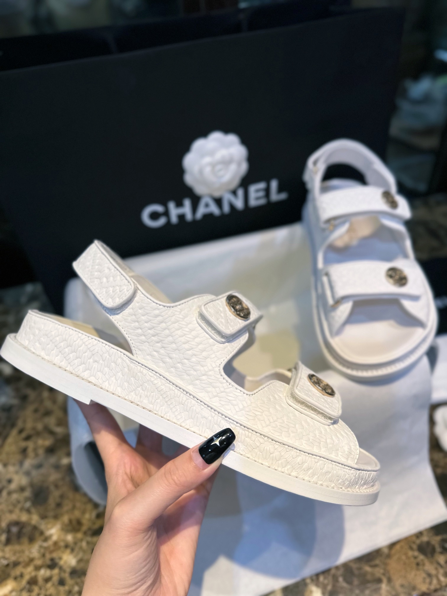 Chanel  White Embossed Gold Coin Beach Sandals - Imported Cowhide with Intricate Pattern, Soft Sheepskin Lining, Vintage Customized Gold Coin Buckle