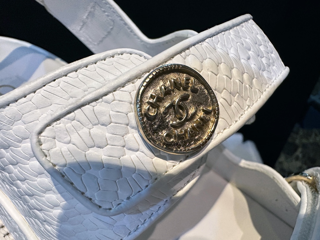 Chanel  White Embossed Gold Coin Beach Sandals - Imported Cowhide with Intricate Pattern, Soft Sheepskin Lining, Vintage Customized Gold Coin Buckle