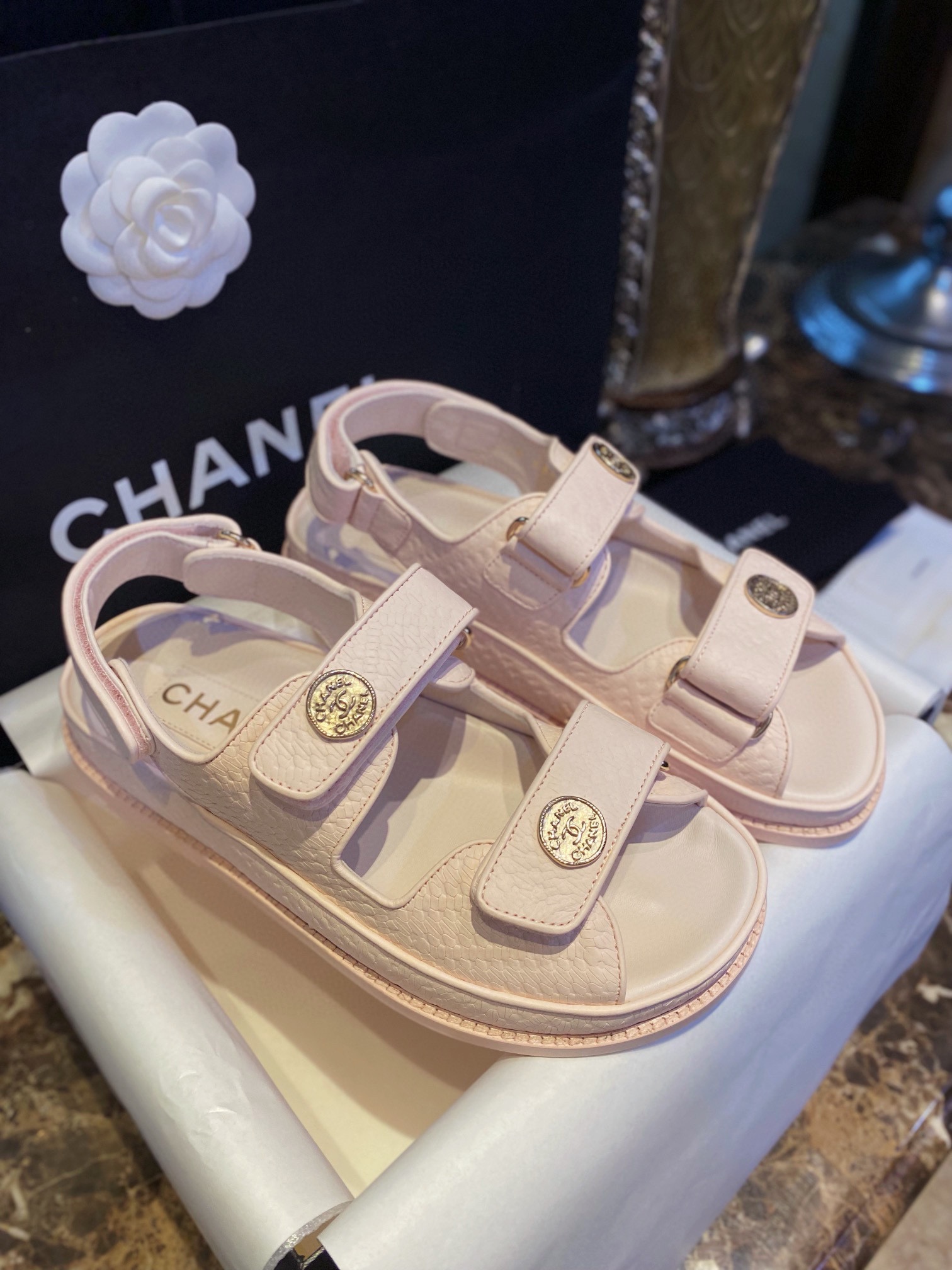 Chanel  Pink Gold Coin Beach Sandals - Imported Embossed Calfskin with Leather Sole, Exquisite Baroque Gold Coin Buckle