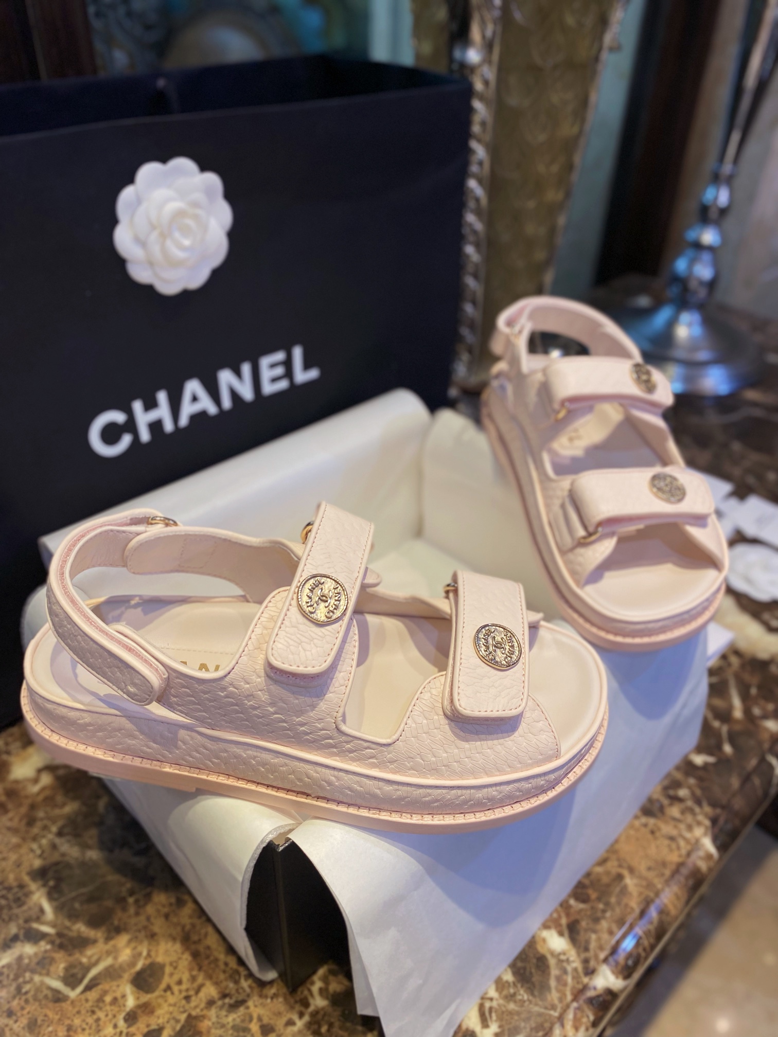 Chanel  Pink Gold Coin Beach Sandals - Imported Embossed Calfskin with Leather Sole, Exquisite Baroque Gold Coin Buckle