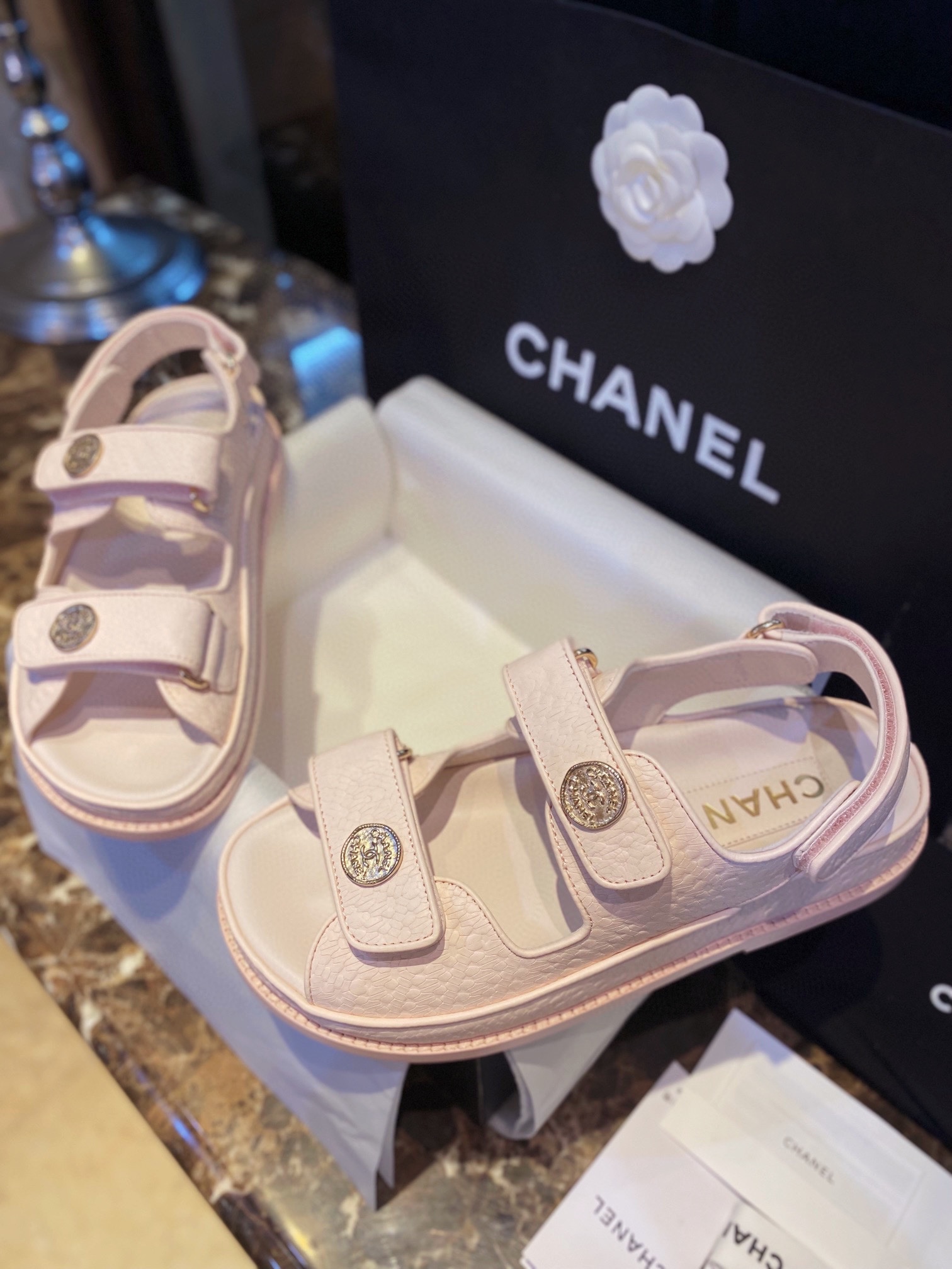 Chanel  Pink Gold Coin Beach Sandals - Imported Embossed Calfskin with Leather Sole, Exquisite Baroque Gold Coin Buckle