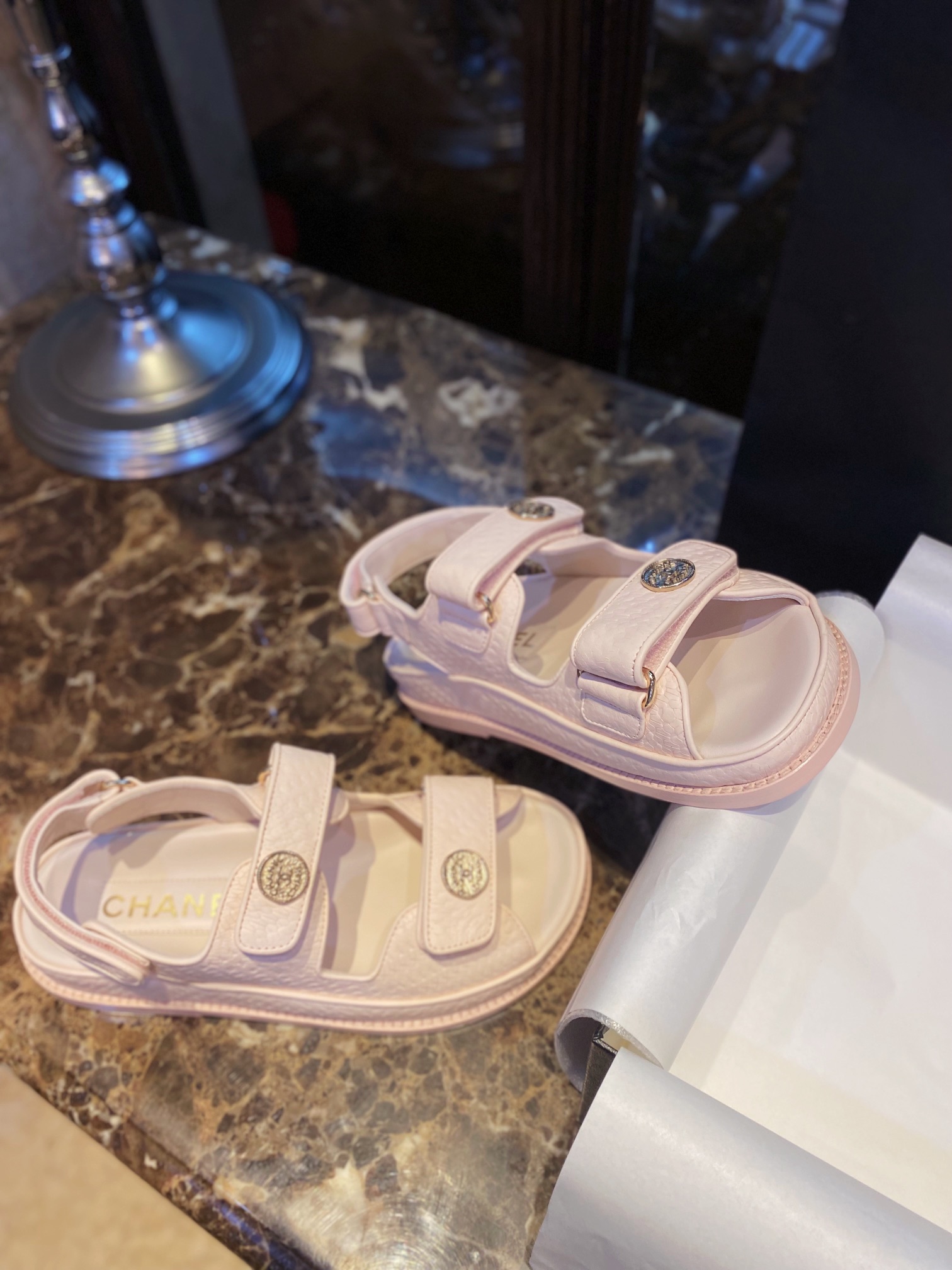 Chanel  Pink Gold Coin Beach Sandals - Imported Embossed Calfskin with Leather Sole, Exquisite Baroque Gold Coin Buckle