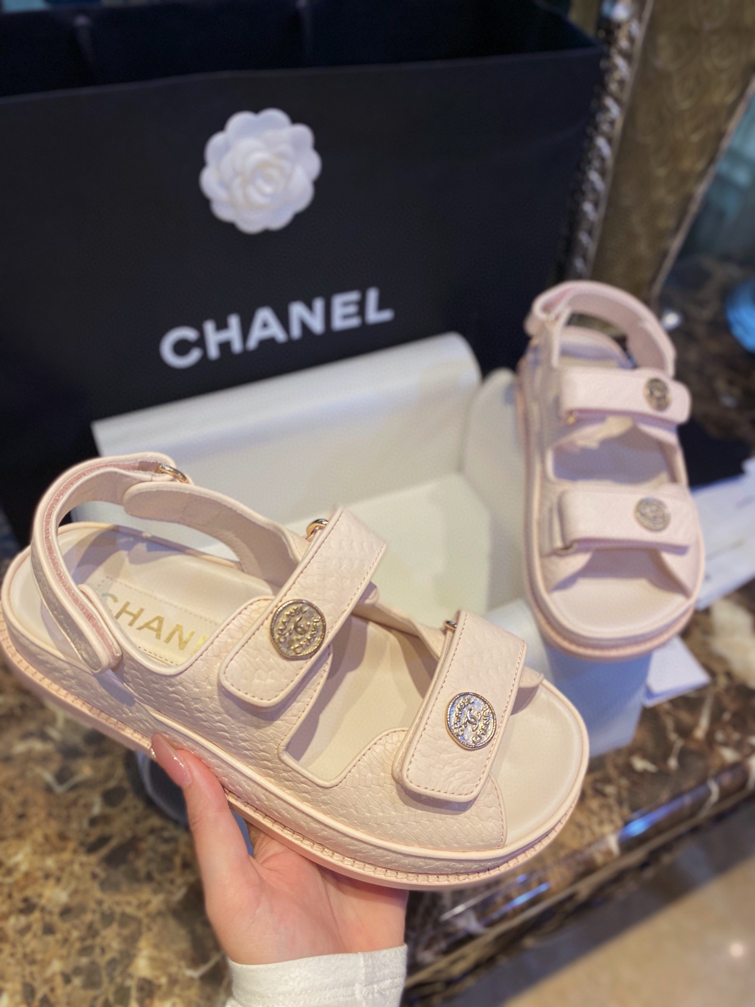 Chanel  Pink Gold Coin Beach Sandals - Imported Embossed Calfskin with Leather Sole, Exquisite Baroque Gold Coin Buckle