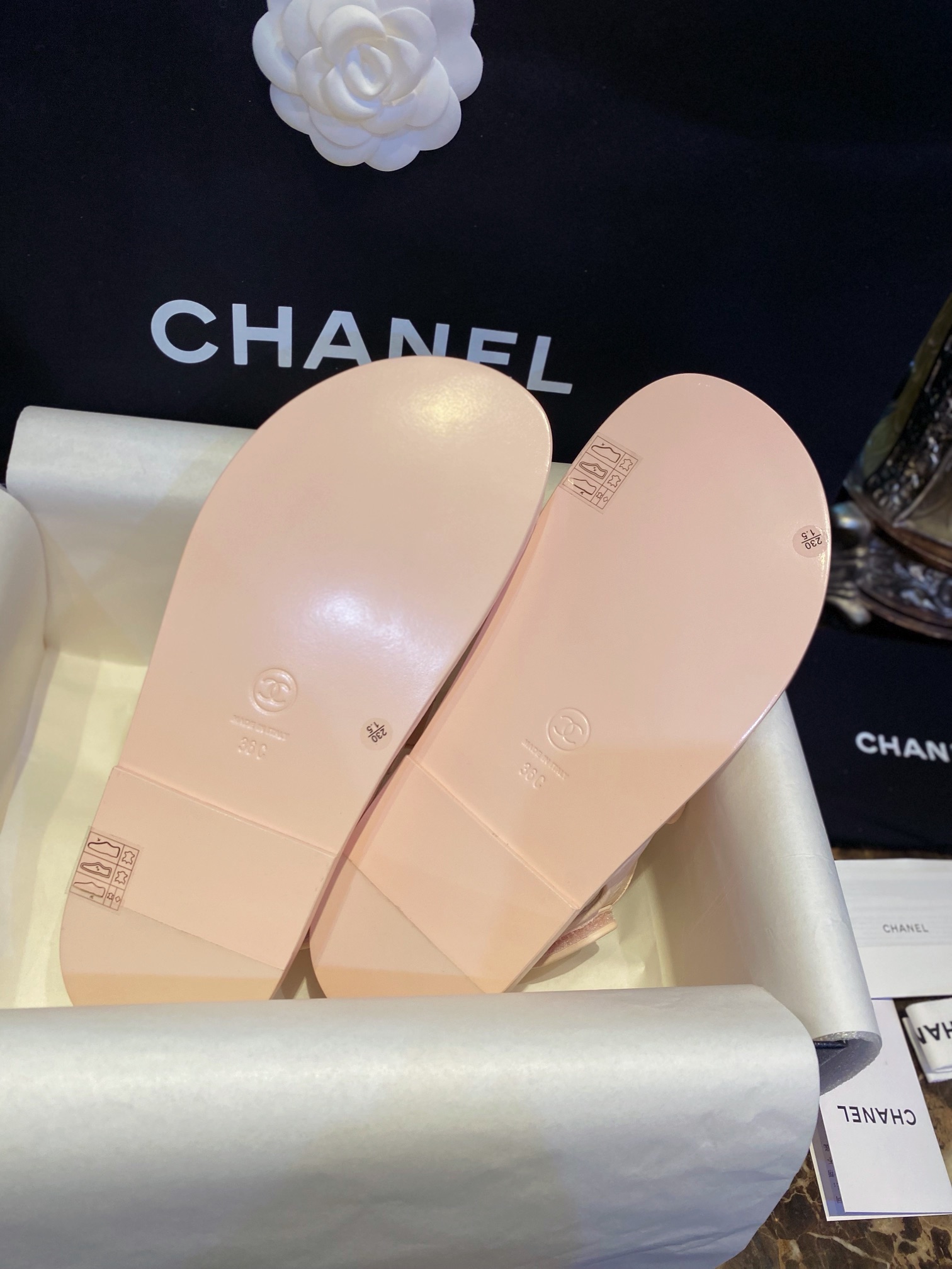 Chanel  Pink Gold Coin Beach Sandals - Imported Embossed Calfskin with Leather Sole, Exquisite Baroque Gold Coin Buckle