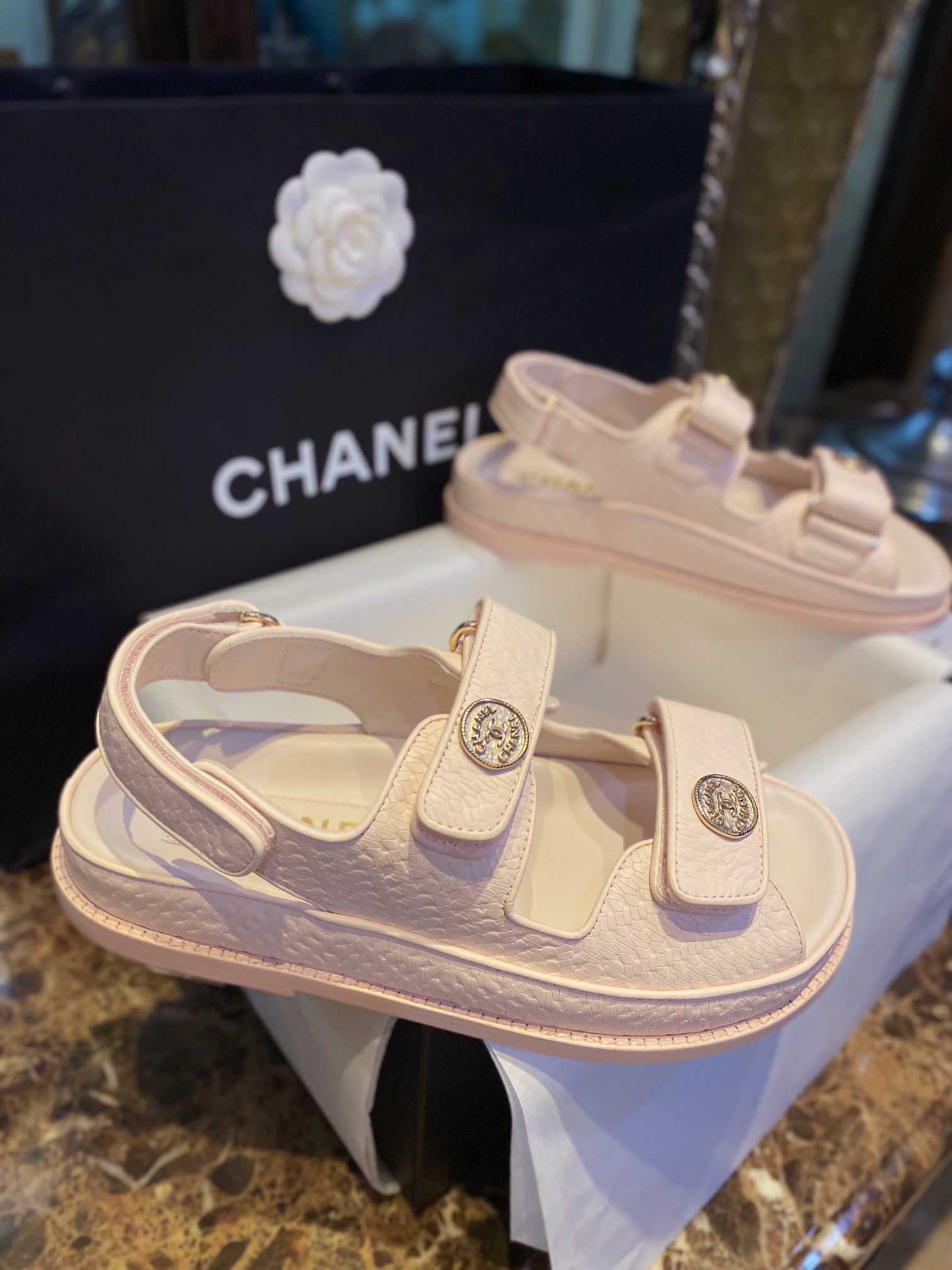 Chanel  Pink Gold Coin Beach Sandals - Imported Embossed Calfskin with Leather Sole, Exquisite Baroque Gold Coin Buckle