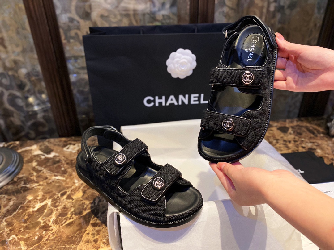 Chanel Classic Beach Sandals with Mesh Fabric and Dripping Glue Buckle