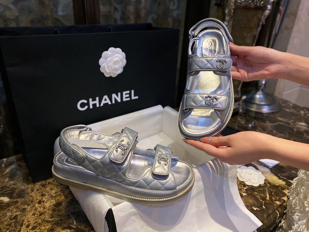 Chanel Classic Beach Sandals Silver Sheepskin - New Silver Sheepskin with Film Coating, Luxurious and Soft Texture