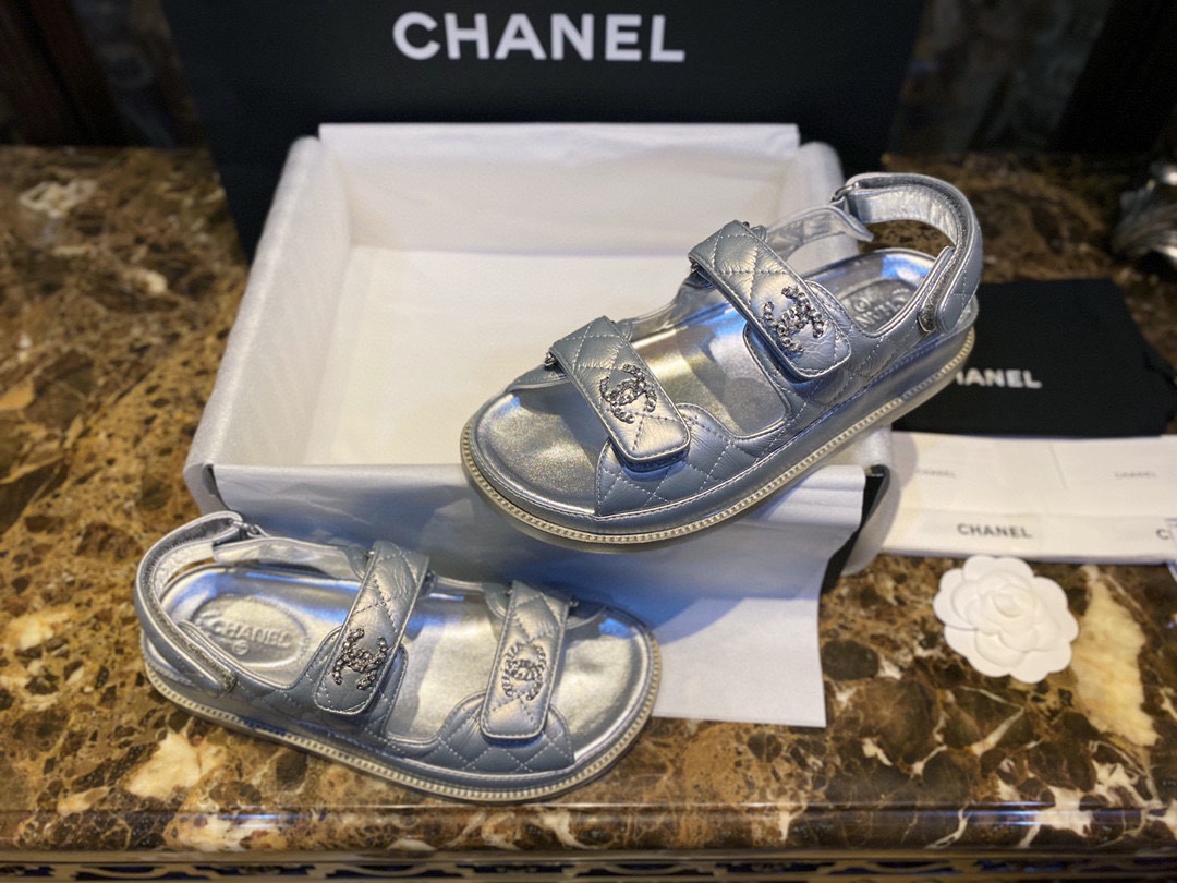 Chanel Classic Beach Sandals Silver Sheepskin - New Silver Sheepskin with Film Coating, Luxurious and Soft Texture