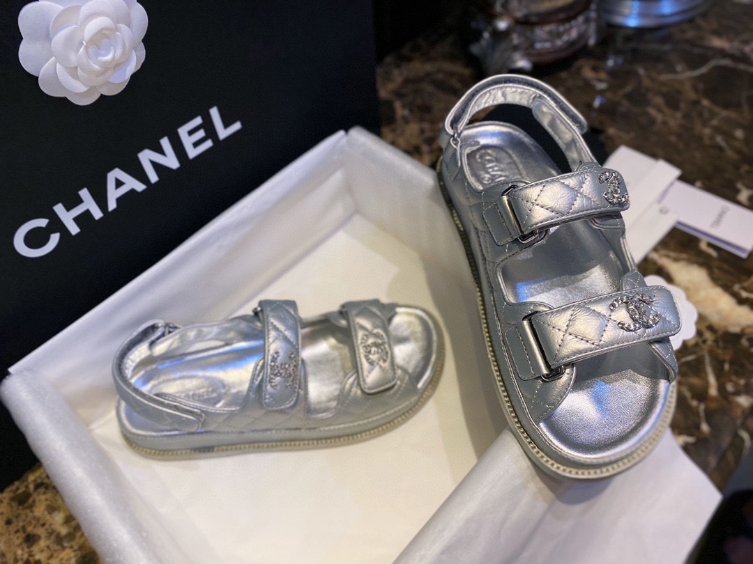 Chanel Classic Beach Sandals Silver Sheepskin - New Silver Sheepskin with Film Coating, Luxurious and Soft Texture