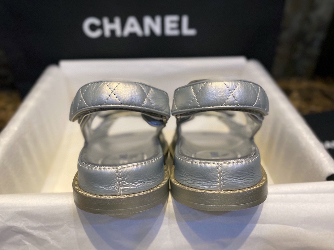 Chanel Classic Beach Sandals Silver Sheepskin - New Silver Sheepskin with Film Coating, Luxurious and Soft Texture