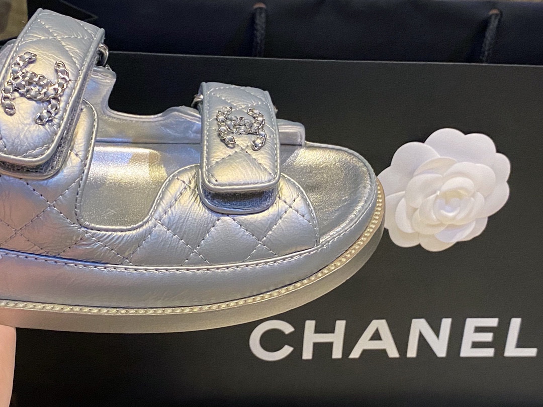 Chanel Classic Beach Sandals Silver Sheepskin - New Silver Sheepskin with Film Coating, Luxurious and Soft Texture