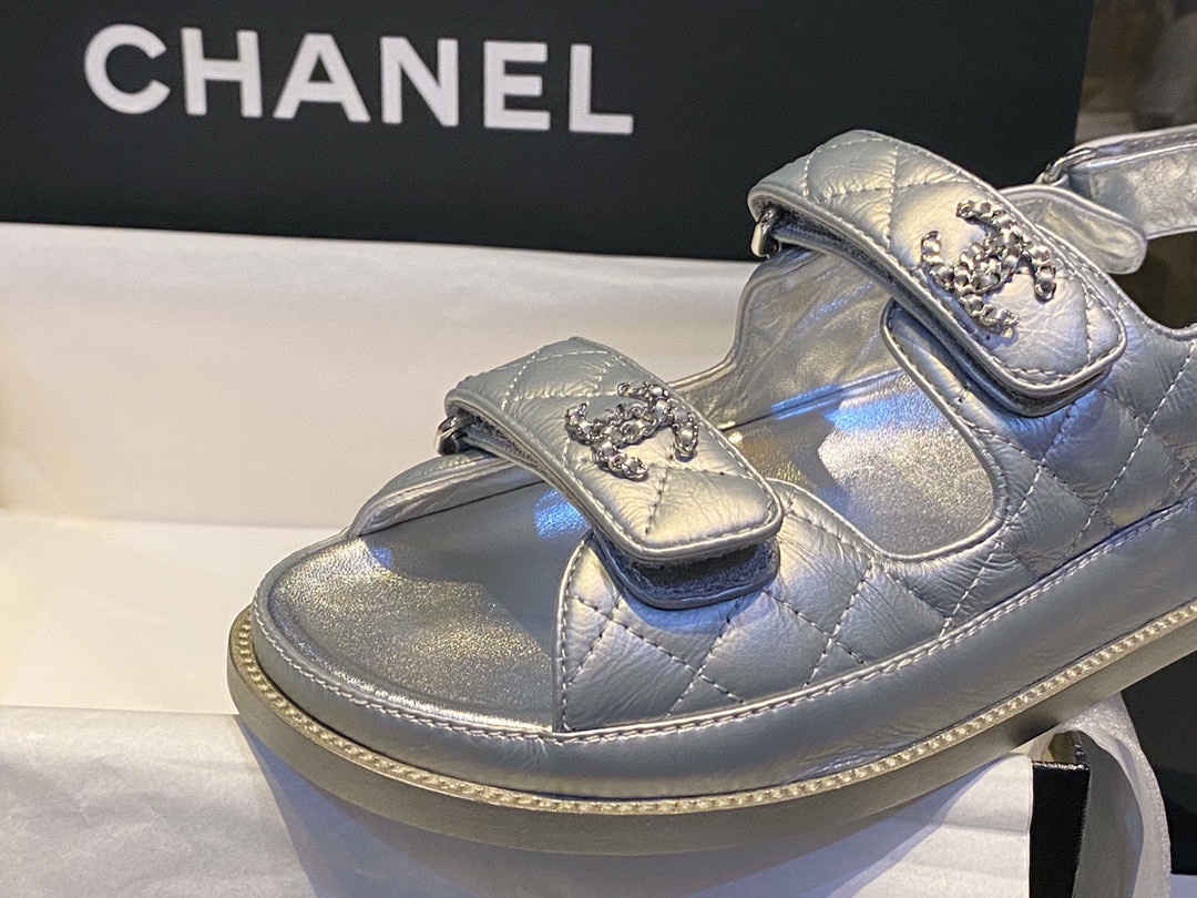 Chanel Classic Beach Sandals Silver Sheepskin - New Silver Sheepskin with Film Coating, Luxurious and Soft Texture