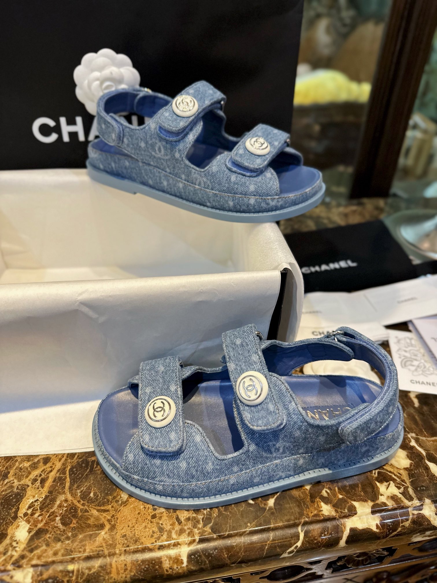 Chanel Denim Print Velcro Beach Sandals - Refreshing Denim Series with Polka Dots and Prints, Enamel Metal Edged Round Buckl