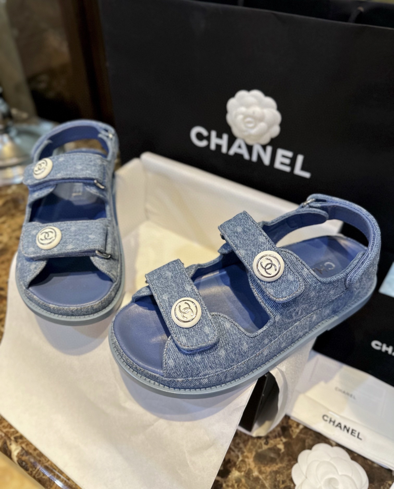 Chanel Denim Print Velcro Beach Sandals - Refreshing Denim Series with Polka Dots and Prints, Enamel Metal Edged Round Buckl