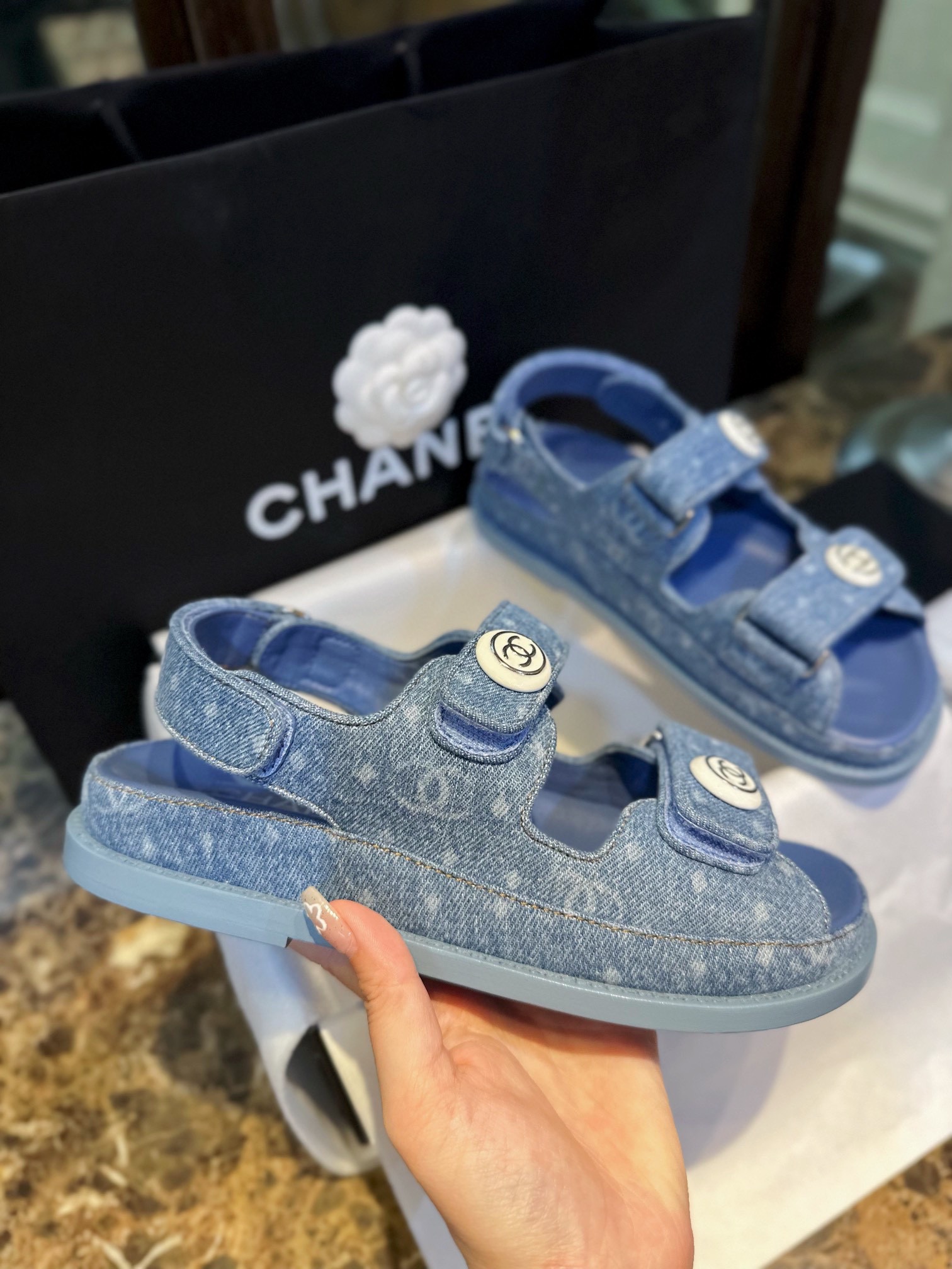 Chanel Denim Print Velcro Beach Sandals - Refreshing Denim Series with Polka Dots and Prints, Enamel Metal Edged Round Buckl