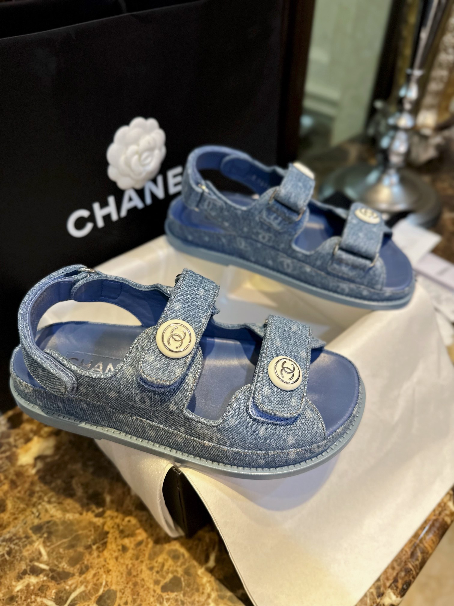 Chanel Denim Print Velcro Beach Sandals - Refreshing Denim Series with Polka Dots and Prints, Enamel Metal Edged Round Buckl