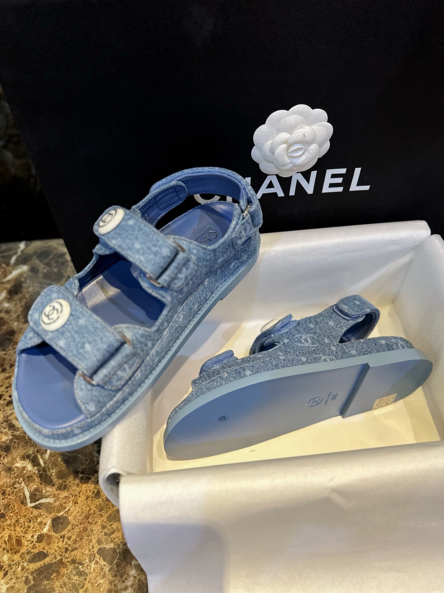 Chanel Denim Print Velcro Beach Sandals - Refreshing Denim Series with Polka Dots and Prints, Enamel Metal Edged Round Buckl