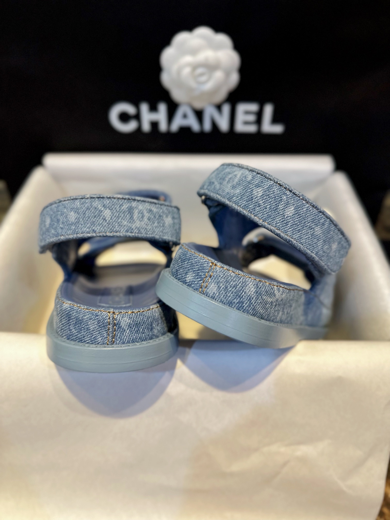 Chanel Denim Print Velcro Beach Sandals - Refreshing Denim Series with Polka Dots and Prints, Enamel Metal Edged Round Buckl