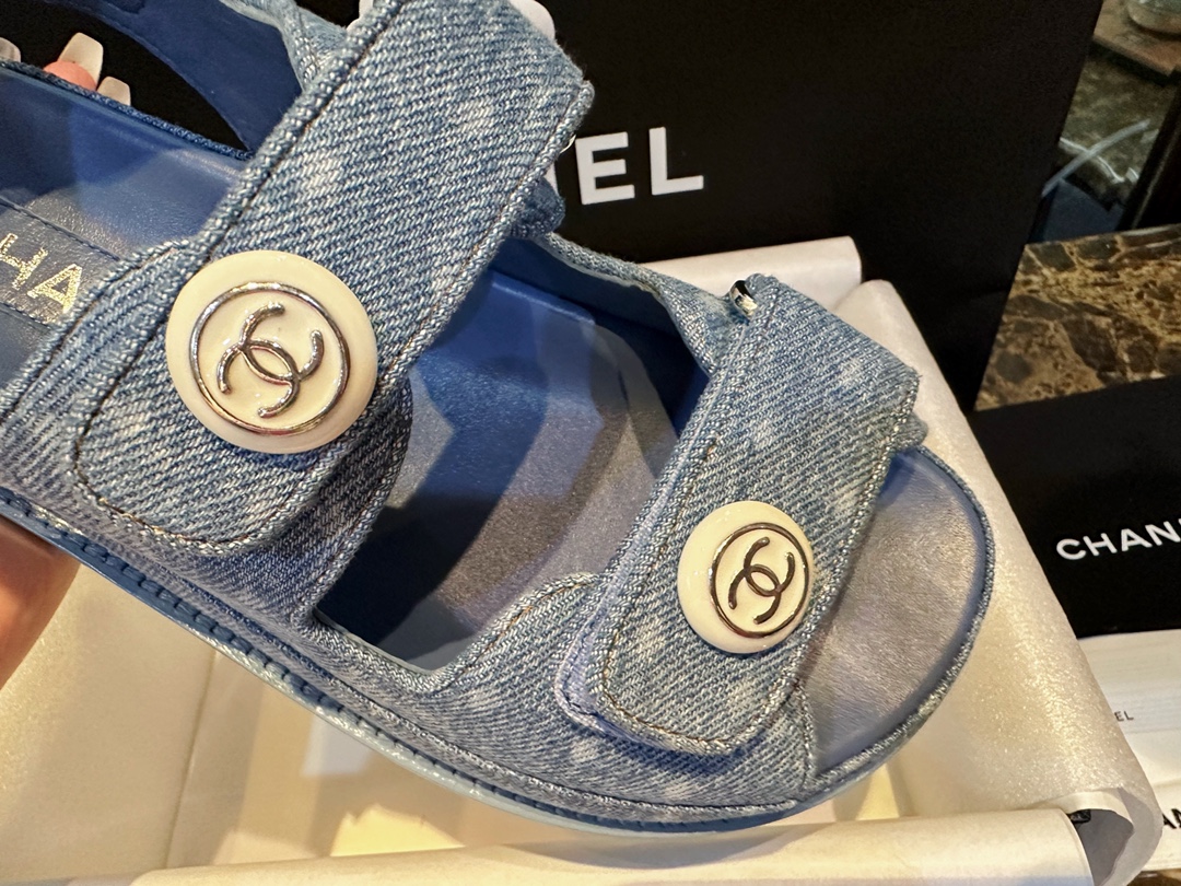 Chanel Denim Print Velcro Beach Sandals - Refreshing Denim Series with Polka Dots and Prints, Enamel Metal Edged Round Buckl