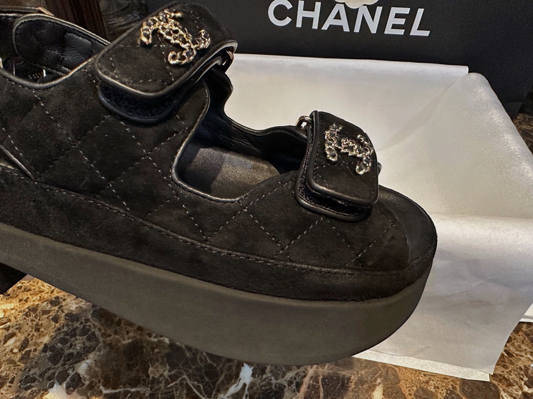 Chanel Barbie Doll Platform Velcro Sandals - Velvety Texture with Secure Wrap Design, Boosted by 5cm Thick Sole