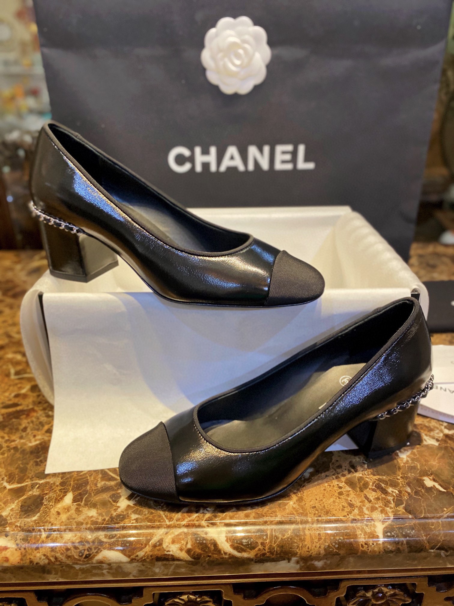 Chanel Black High Heel Chain Shoes 6cm Heel Height, Classic Logo and Heel Chain for Added Style