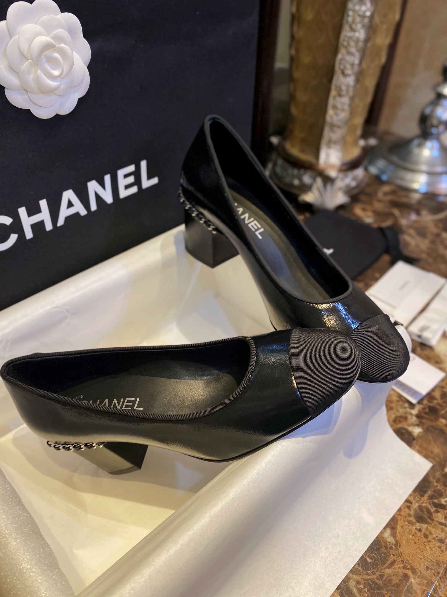 Chanel Black High Heel Chain Shoes 6cm Heel Height, Classic Logo and Heel Chain for Added Style