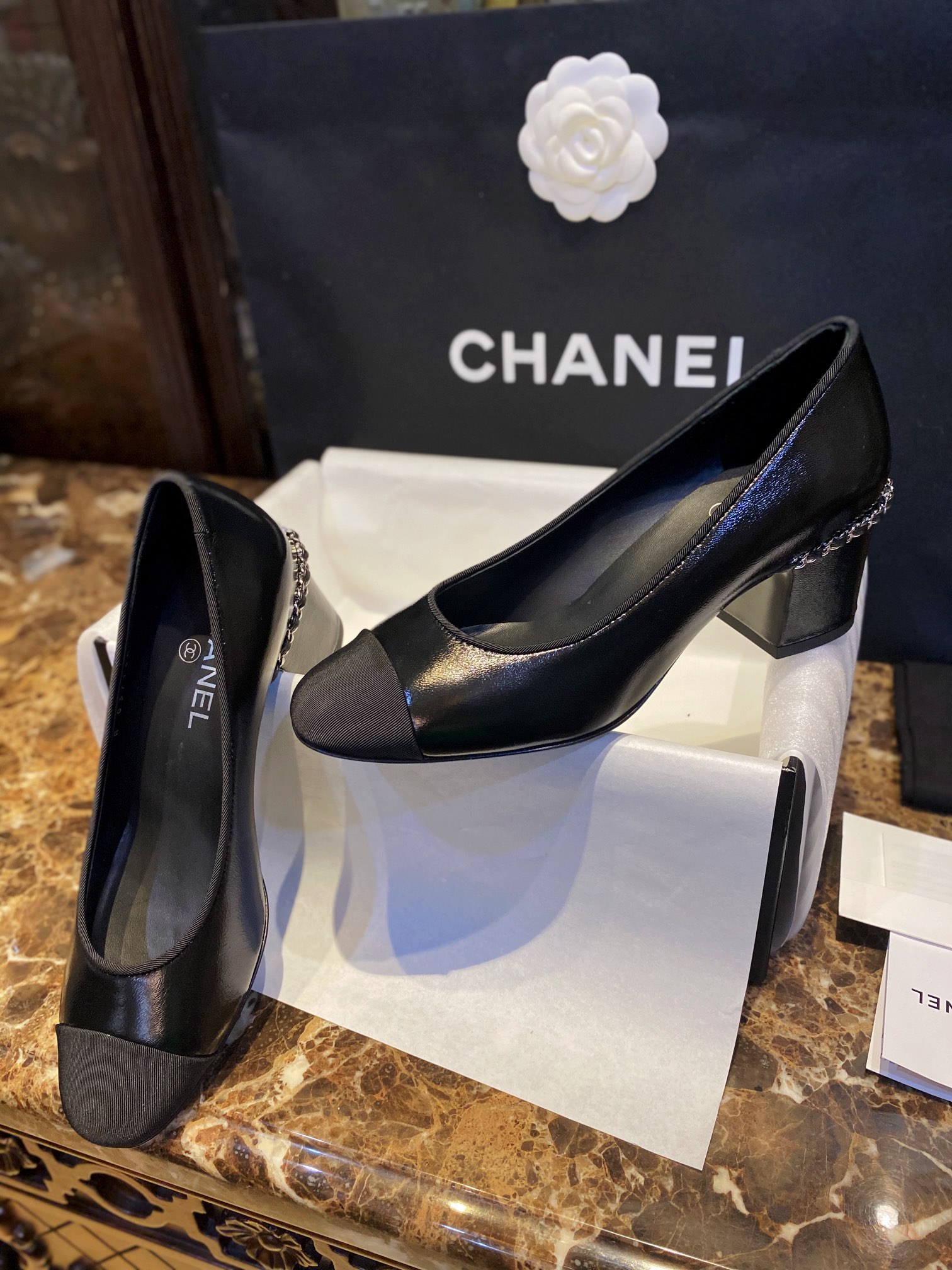 Chanel Black High Heel Chain Shoes 6cm Heel Height, Classic Logo and Heel Chain for Added Style